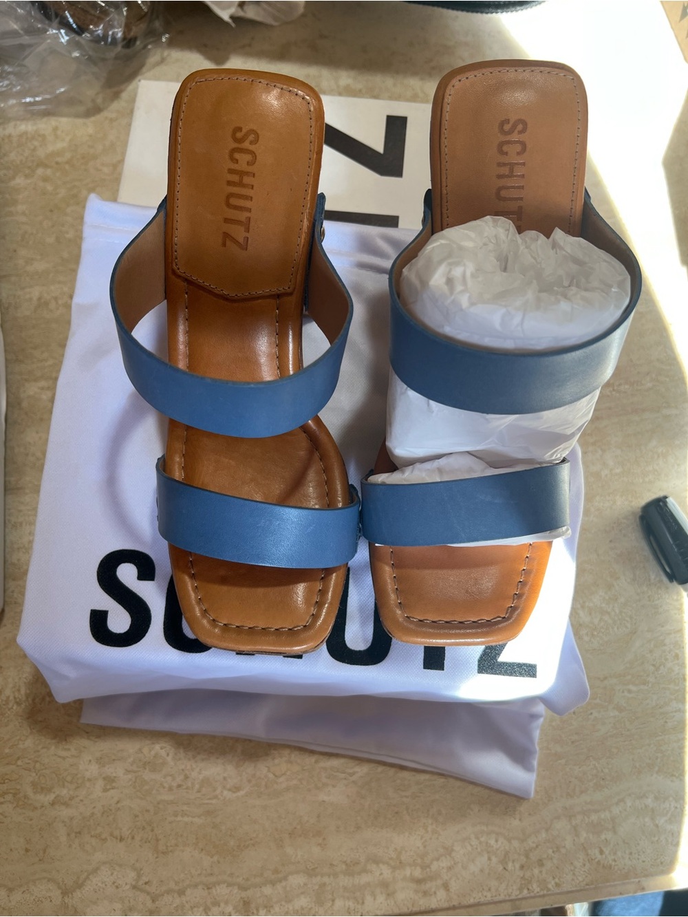 SCHUTZ Blue Leather Double-Strap Square-Toe Mules